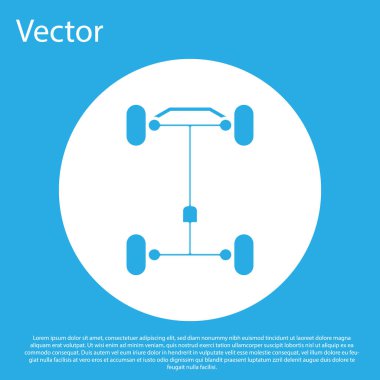 Mavi Chassis araba simgesi mavi arkaplanda izole edildi. Beyaz daire düğmesi. Vektör İllüstrasyonu