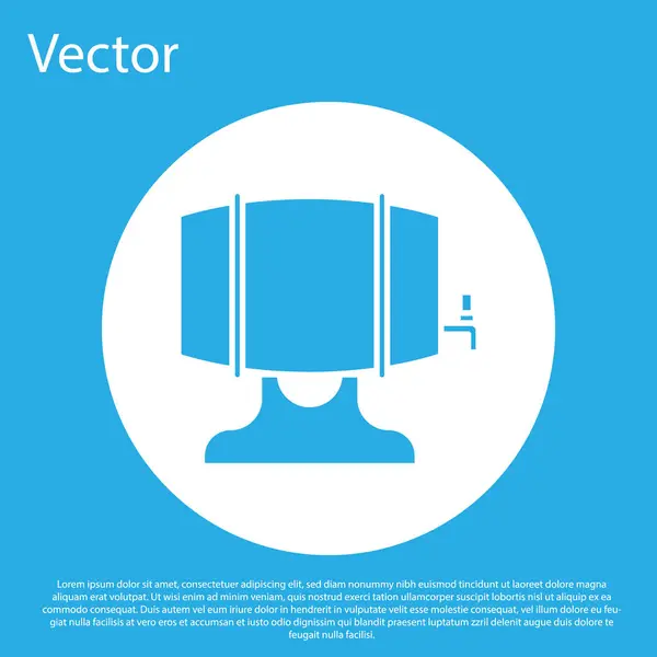 Barril de madeira azul no rack com ícone de torneira isolado no fundo azul. Botão de círculo branco. Ilustração vetorial — Vetor de Stock