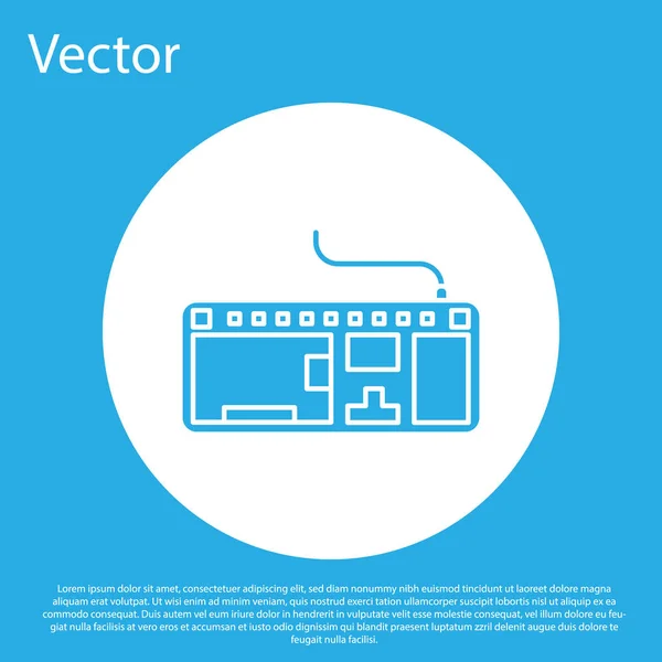 Синий значок клавиатуры на синем фоне. Знак компонента ПК. Кнопка белого круга. Векторная миграция — стоковый вектор