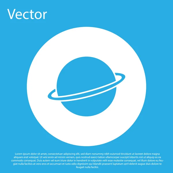 Blue Planet Saturn com ícone do sistema de anel planetário isolado no fundo azul. Botão de círculo branco. Ilustração vetorial — Vetor de Stock