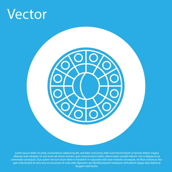 Círculo de horóscopo de astrologia azul com ícone do zodíaco isolado no fundo azul. Botão de círculo branco. Ilustração vetorial — Vetor de Stock