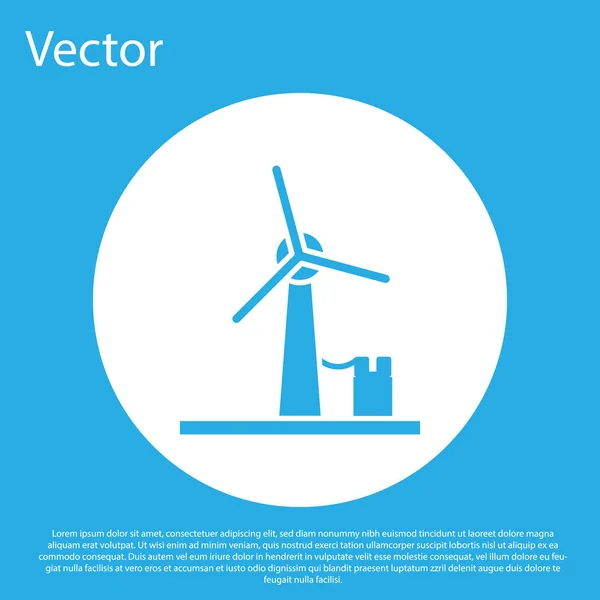 Ícone azul da turbina eólica isolado no fundo azul. Sinal do gerador de vento. Moinho de vento para produção de energia elétrica. Botão de círculo branco. Ilustração vetorial — Vetor de Stock