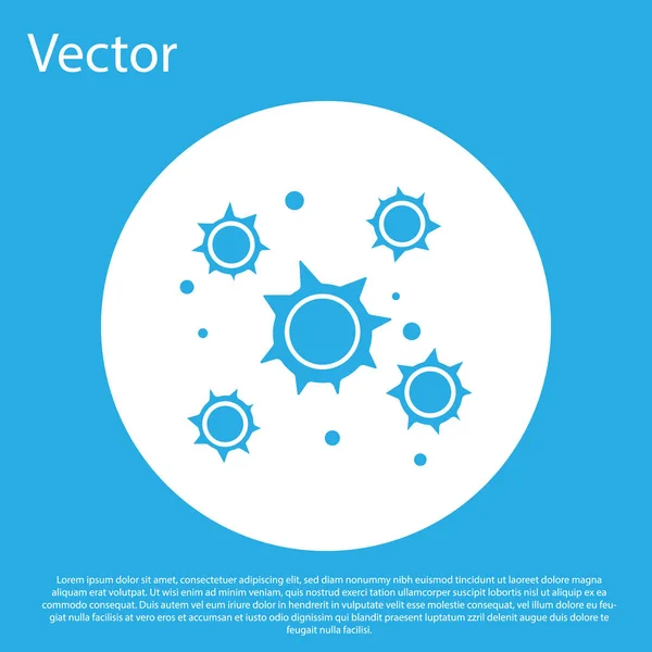 Иконка синих бактерий выделена на синем фоне. Бактерии и микробы, вызывающие заболевания микроорганизмов, клеточный рак, микробы, вирус, грибы. Кнопка белого круга. Векторная миграция — стоковый вектор