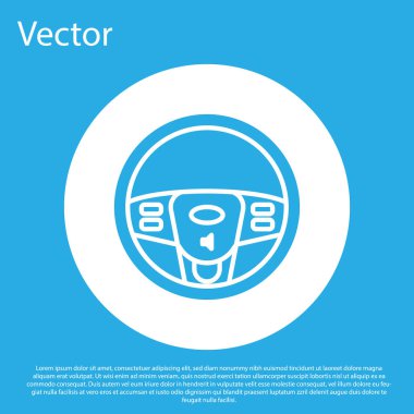Mavi direksiyon simgesi mavi arkaplanda izole edildi. Araba tekeri ikonu. Beyaz daire düğmesi. Vektör İllüstrasyonu
