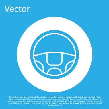 Mavi direksiyon simgesi mavi arkaplanda izole edildi. Araba tekeri ikonu. Beyaz daire düğmesi. Vektör İllüstrasyonu
