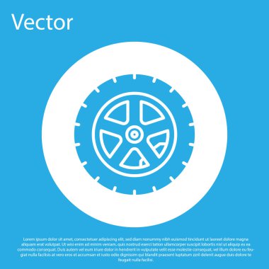 Mavi Araba Tekerleği simgesi mavi arkaplanda izole edildi. Beyaz daire düğmesi. Vektör İllüstrasyonu