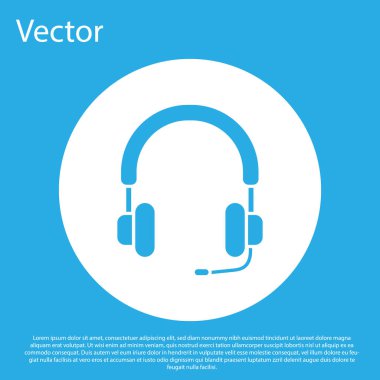 Mavi kulaklık simgesi mavi arkaplanda izole edildi. Kulaklıklar. Müzik, hizmet, iletişim ve operatör konsepti. Beyaz daire düğmesi. Vektör İllüstrasyonu