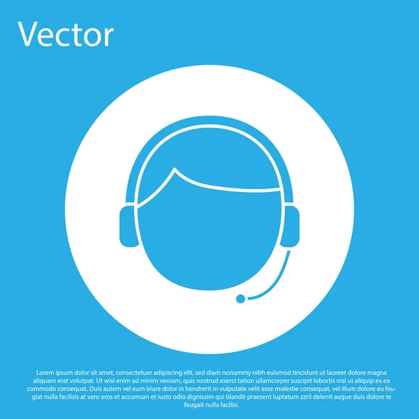 Hombre azul con un icono de auricular aislado sobre fondo azul. Operador de soporte en contacto. Concepto para call center, servicio de atención al cliente. Botón círculo blanco. Ilustración vectorial — Vector de stock