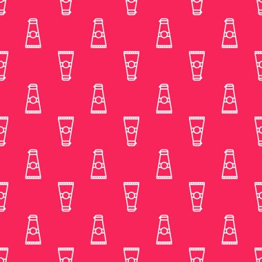 Beyaz çizgi krem ya da losyon kozmetik tüp ikonu kırmızı arkaplanda izole edilmiş pürüzsüz desen. Erkekler için vücut bakım ürünleri. Vektör İllüstrasyonu