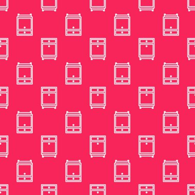 Kırmızı arkaplanda beyaz çizgi mobilya komodininin simgesi izole edilmiş. Vektör İllüstrasyonu