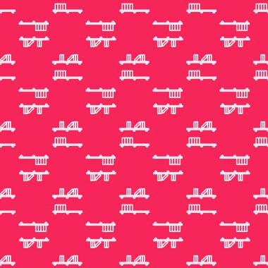 Kitap simgesine sahip beyaz çizgi rafı kırmızı arkaplanda izole edilmiş pürüzsüz desen. Raflar işaretli. Vektör İllüstrasyonu