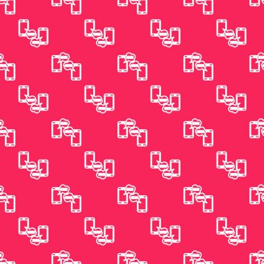 Telefon simgesindeki beyaz hat Yeni sohbet mesajları kırmızı arkaplanda izole edilmiş pürüzsüz desen. Smartphone sohbet mesajları konuşma baloncukları. Vektör İllüstrasyonu