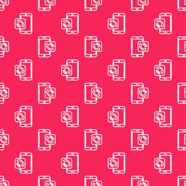 Beyaz çizgi cep telefonu arama ikonu, kırmızı arkaplanda kusursuz desen izole etti. Vektör İllüstrasyonu