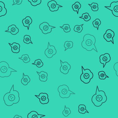 Kızgın gülümseme ikonuna sahip siyah çizgi konuşma balonu yeşil arka planda izole edilmiş kusursuz desen. Duygusal yüz ifadesi. Vektör İllüstrasyonu