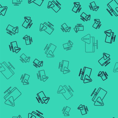 Siyah çizgi bilgisayar monitörü ünlem işareti simgesi ile yeşil arkaplanda izole edilmiş kusursuz desen. Uyarı mesajı akıllı telefon uyarısı. Vektör İllüstrasyonu