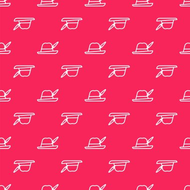 Beyaz çizgi Oktoberfest şapka simgesi kırmızı arkaplanda kusursuz desen izole etti. Tüylü avcı şapkası. Alman şapkası. Vektör İllüstrasyonu