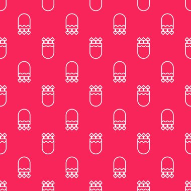 Beyaz çizgi titrek ve kalp ikonlu oklar kırmızı arkaplanda izole edilmiş pürüzsüz desen. Aşk tanrısı sembolü. Aşk işareti. Sevgililer Günü konsepti. Vektör İllüstrasyonu