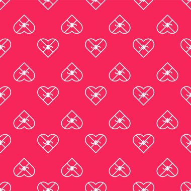 Beyaz çizgi Candy kalp şeklindeki kutu ve yay simgesi kırmızı arka planda izole edilmiş kusursuz desen. Sevgililer Günü. Vektör İllüstrasyonu