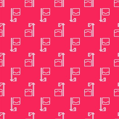 Beyaz çizgi cellat baltası ağaç bloğu simgesinde kırmızı arkaplanda izole edilmiş pürüzsüz desen. Cellat, işkenceci, cellat, işkenceci, kasap, cellat. Vektör İllüstrasyonu