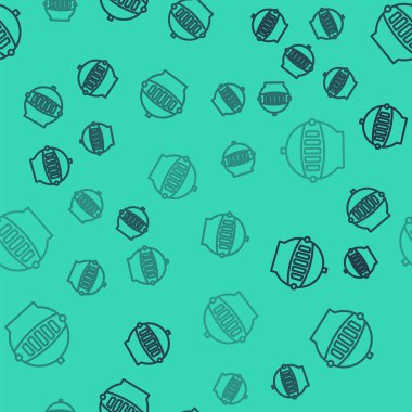 Siyah çizgi Ortaçağ demir miğferi, kafa koruma ikonu yeşil arka planda izole edilmiş pürüzsüz desen. Vektör İllüstrasyonu