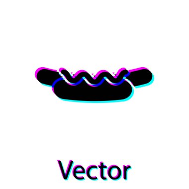 Beyaz arka plan üzerinde izole hardal simgesi ile Siyah Hotdog sandviç. Sosis simgesi. Sokak fast food menüsü. Vektör İllüstrasyonu