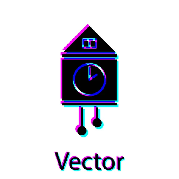 Negro Retro icono de reloj de pared aislado sobre fondo blanco. Signo del reloj de cuco. Reloj de péndulo antiguo. Ilustración vectorial — Vector de stock