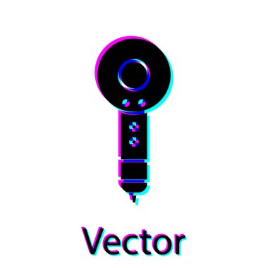 Beyaz arkaplanda siyah saç kurutma ikonu izole edildi. Saç kurutma makinesi tabelası. Saç kurutma sembolü. Sıcak hava üflüyor. Vektör İllüstrasyonu