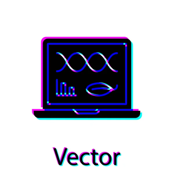 Modificação de engenharia genética preta no ícone do laptop isolado no fundo branco. Análise de ADN, testes genéticos, clonagem. Ilustração vetorial — Vetor de Stock