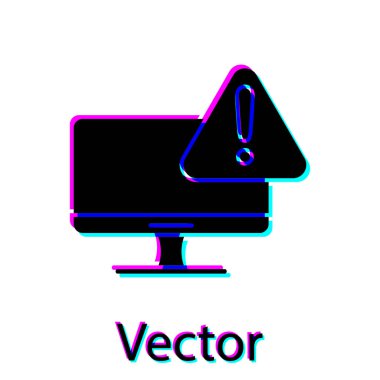 Beyaz zemin üzerinde ünlem işareti simgesi olan siyah bilgisayar monitörü. Uyarı mesajı akıllı telefon uyarısı. Vektör İllüstrasyonu