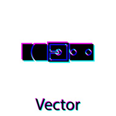 Beyaz arka planda izole edilmiş, düğmeli çelik toka ikonu olan siyah deri kemer. Vektör İllüstrasyonu