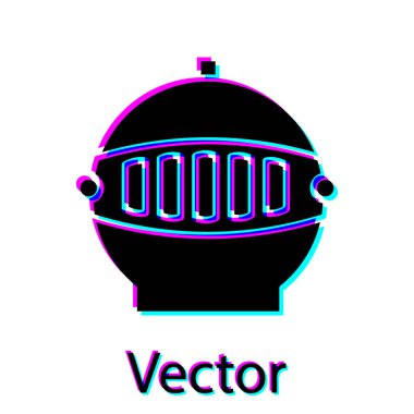 Siyah Ortaçağ demir miğferi, beyaz arka planda izole edilmiş kafa koruma ikonu. Vektör İllüstrasyonu