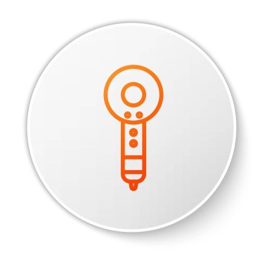 Beyaz arka planda turuncu çizgi saç kurutma ikonu izole edildi. Saç kurutma makinesi tabelası. Saç kurutma sembolü. Sıcak hava üflüyor. Beyaz daire düğmesi. Vektör İllüstrasyonu