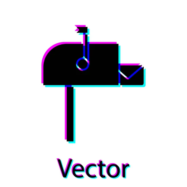 Schwarzes, geöffnetes Postfachsymbol auf weißem Hintergrund. Briefkastensymbol. Briefkasten an Mast mit Fahne. Vektorillustration — Stockvektor