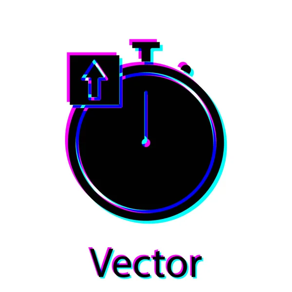 Ícone de cronômetro preto isolado no fundo branco. Sinal do temporizador. Assinatura do cronómetro. Ilustração vetorial — Vetor de Stock