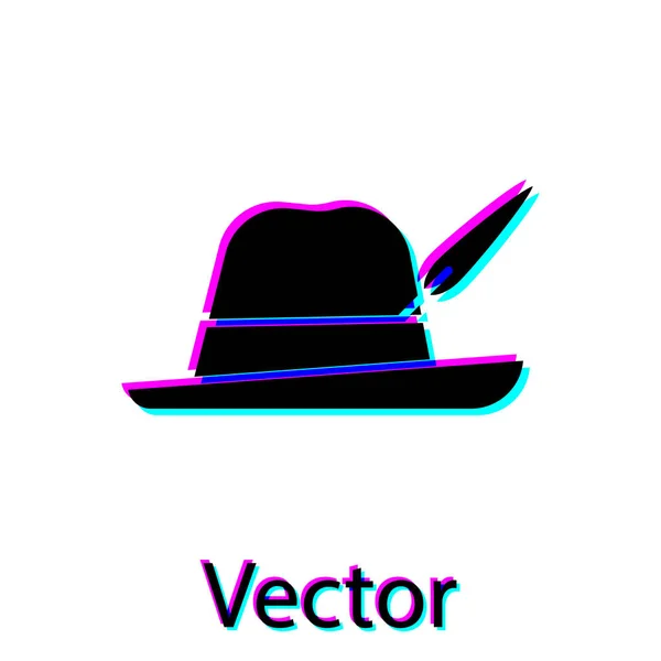 Negro Oktoberfest sombrero icono aislado sobre fondo blanco. Sombrero de cazador con pluma. Sombrero alemán. Ilustración vectorial — Archivo Imágenes Vectoriales