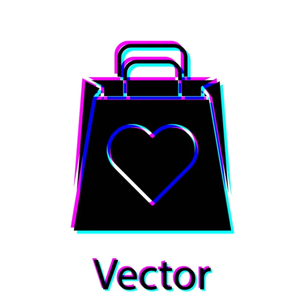 Bolso negro con icono de corazón aislado sobre fondo blanco. Tienda de bolsas de compras amor como icono del corazón. Símbolo de San Valentín. Ilustración vectorial — Archivo Imágenes Vectoriales