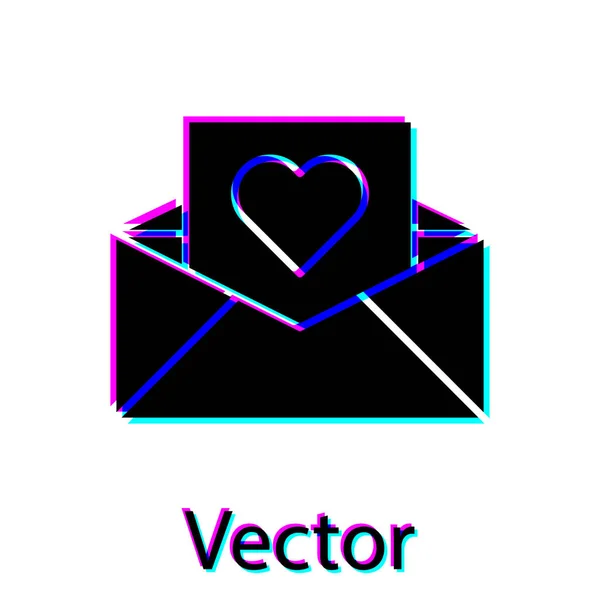 Envelope preto com ícone de coração Valentine isolado no fundo branco. Mensagem de amor. Carta de amor e romance. Ilustração vetorial — Vetor de Stock