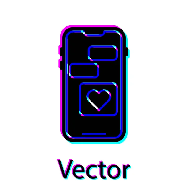 Schwarzes Handy mit Herz-Symbol auf weißem Hintergrund. Valentinstag. Vektorillustration — Stockvektor