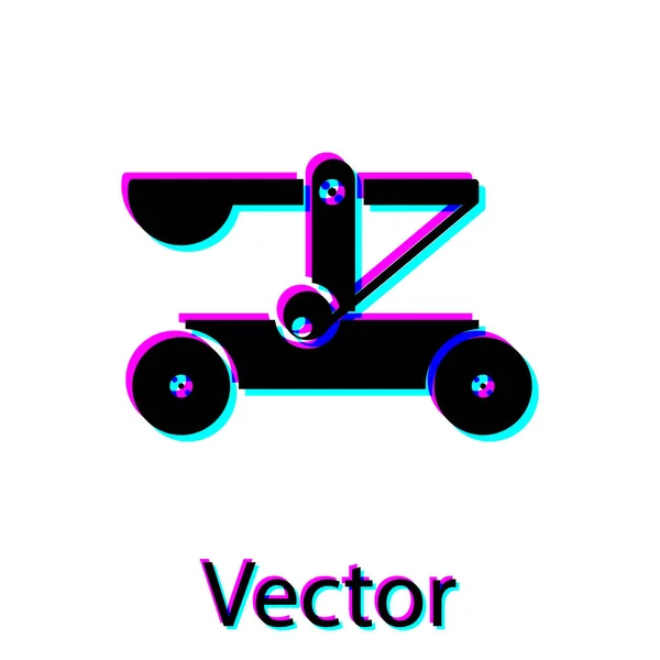 Черный старый средневековый деревянный катапульта стрельбы камни значок изолирован на белом фоне. Векторная миграция — стоковый вектор