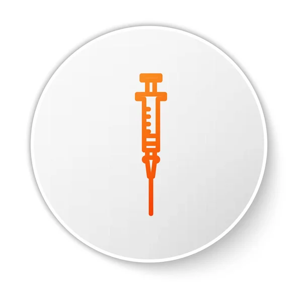 Narancs vonal Fecskendő ikon elszigetelt fehér alapon. Vakcina, védőoltás, injekció, influenza elleni oltás. Orvosi felszerelés. Fehér kör gomb. Vektorillusztráció — Stock Vector