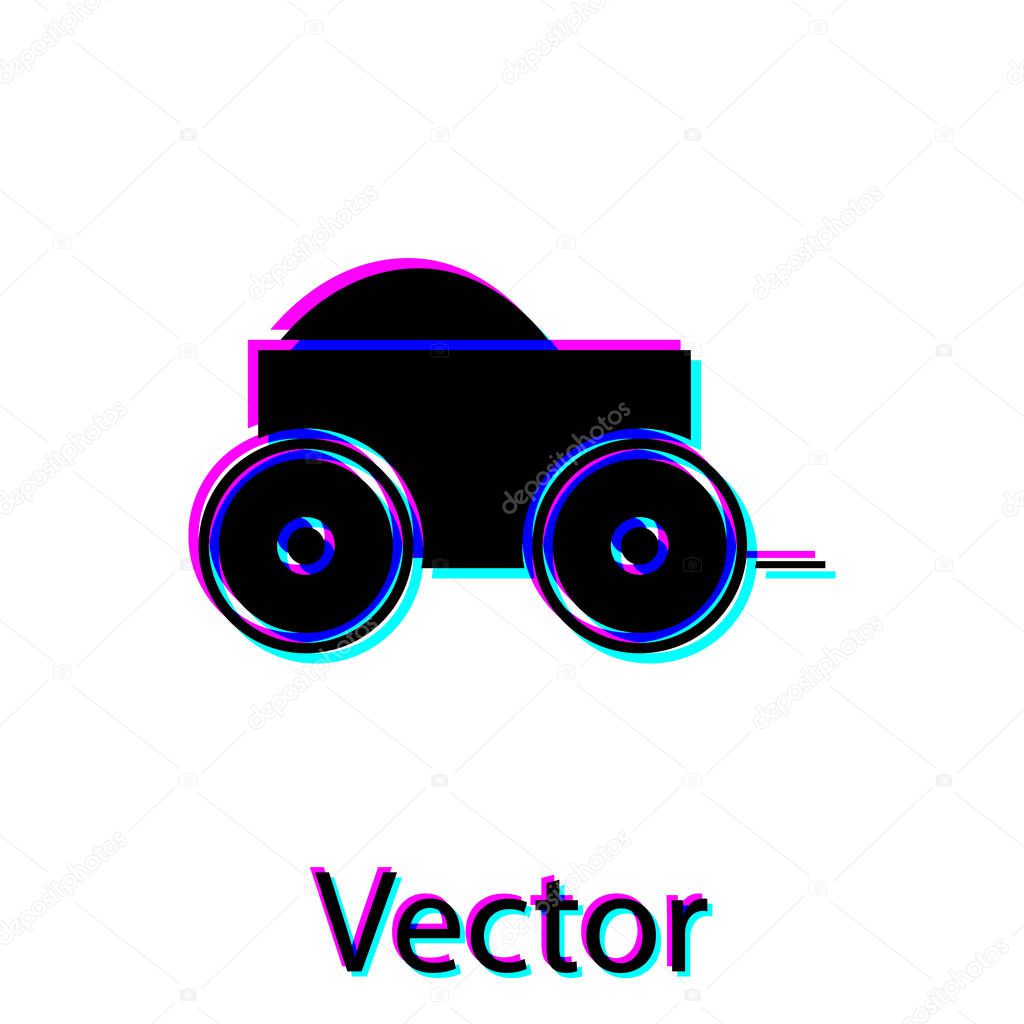 Black Wooden four-wheel cart with hay icon isolated on white background. Vector Illustration