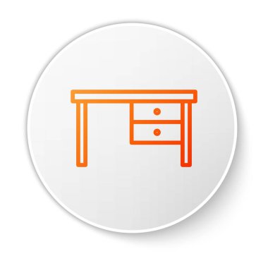 Turuncu çizgi ofis masa simgesi beyaz arkaplanda izole edildi. Beyaz daire düğmesi. Vektör İllüstrasyonu