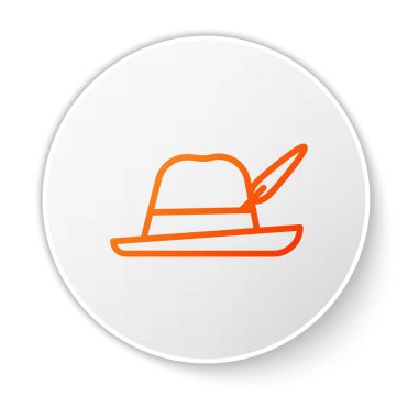 Turuncu çizgi Oktoberfest şapka simgesi beyaz arkaplanda izole edildi. Tüylü avcı şapkası. Alman şapkası. Beyaz daire düğmesi. Vektör İllüstrasyonu