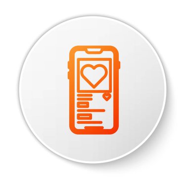 Beyaz arka planda kalp ikonu olan turuncu hat cep telefonu. Sevgililer Günü. Beyaz daire düğmesi. Vektör İllüstrasyonu