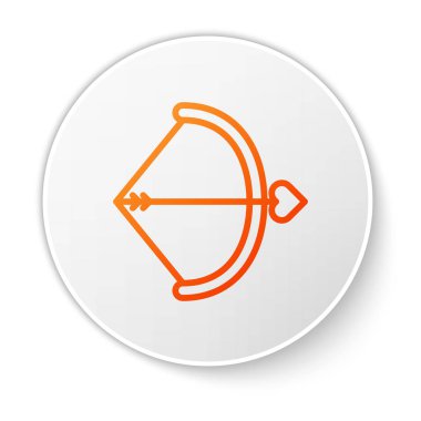 Beyaz arkaplanda turuncu çizgi yay ve ok simgesi izole edildi. Aşk tanrısı sembolü. Aşk işareti. Sevgililer Günü konsepti. Beyaz daire düğmesi. Vektör İllüstrasyonu