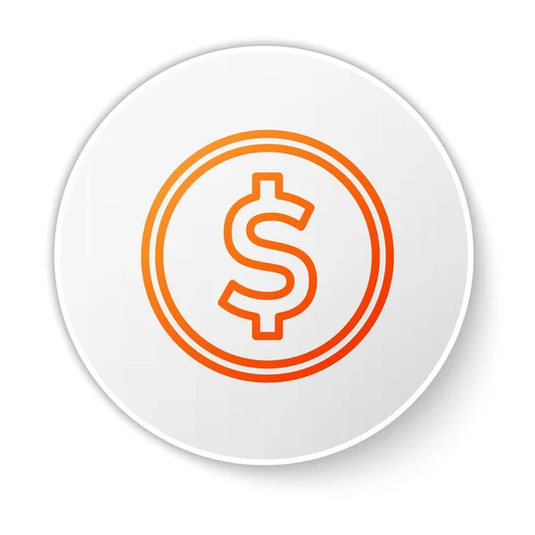 Pomarańczowa linia Moneta z ikoną symbolu dolara odizolowana na białym tle. Znak waluty bankowej. Symbol gotówki. Biały przycisk koła. Ilustracja wektora — Wektor stockowy