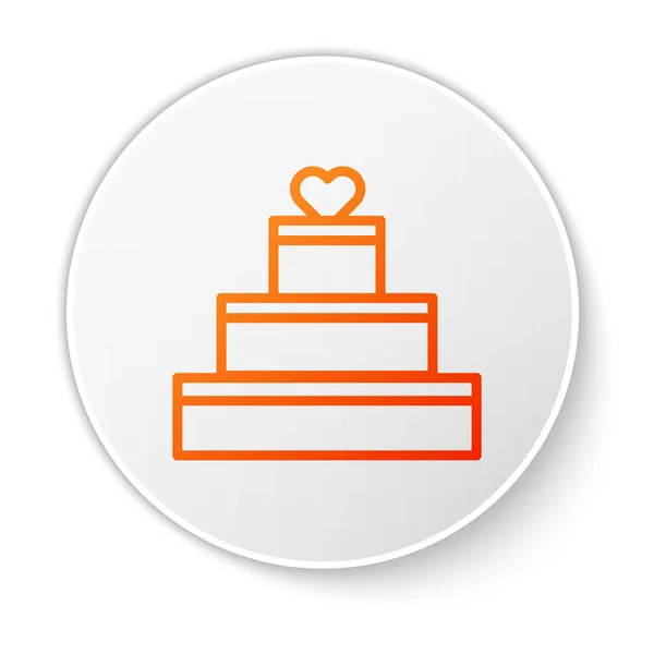 Línea naranja Pastel de boda con icono del corazón aislado sobre fondo blanco. Símbolo de San Valentín. Botón círculo blanco. Ilustración vectorial — Vector de stock