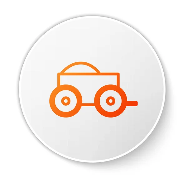 橙色线木制四轮推车与干草图标隔离在白色背景。 白色圆环按钮。 病媒图解 — 图库矢量图片