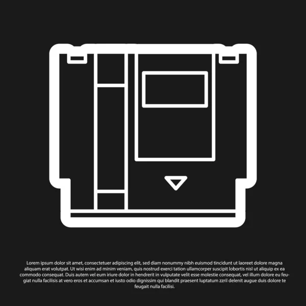 Black Cartridge for retro game console icon isolated on black background. TV Game cartridge. Vector Illustration