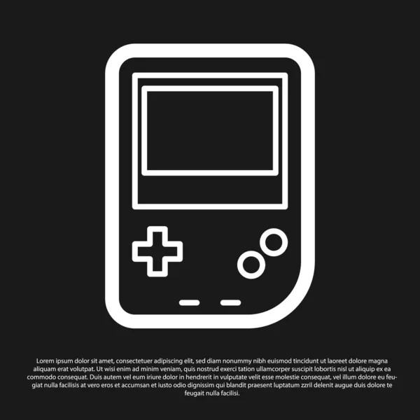 Ícone de console de videogame portátil preto isolado em fundo preto. Sinal do Gamepad. Conceito de jogo. Ilustração vetorial — Vetor de Stock